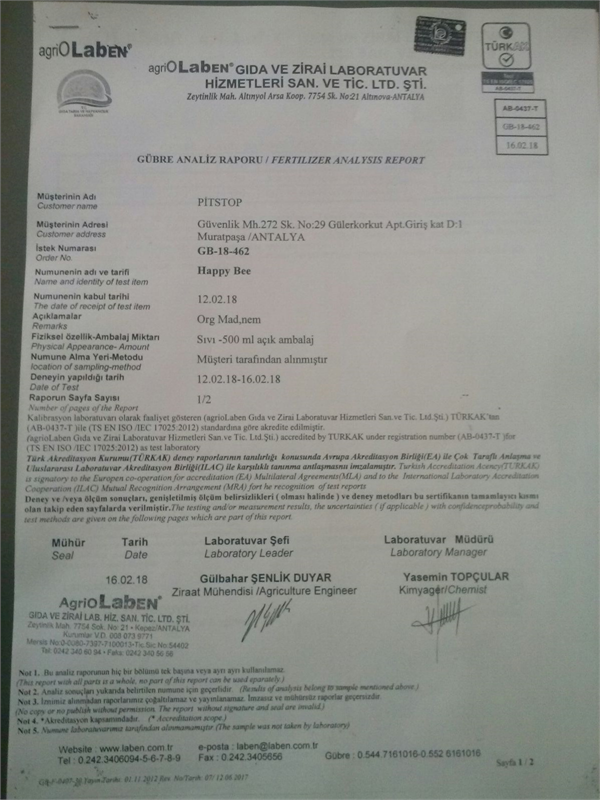 ORGANİK OLDUĞUNA DAİR LABARATUVAR ANALİZ RAPORU